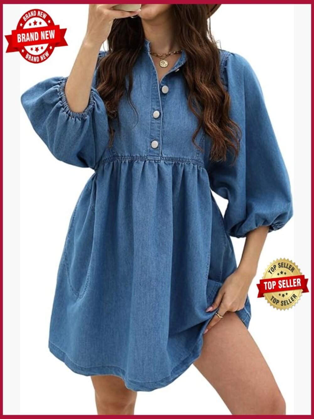 3/4 Puff Sleeve Denim Dress Button Up Babydoll Tiered Jean Dress with Pocket